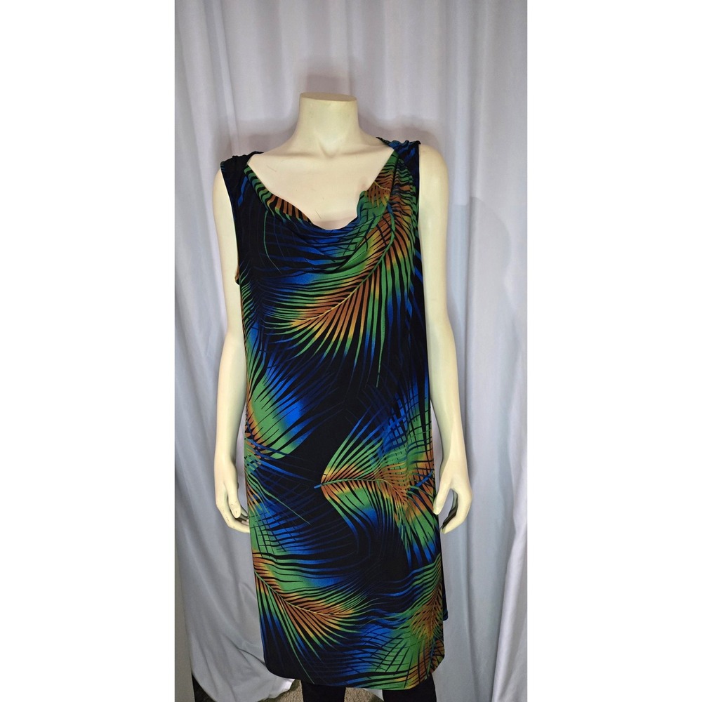Evan-Picone Women's 16 Regular Black Tropical Scoop Neck Sleeveless Knee Dress